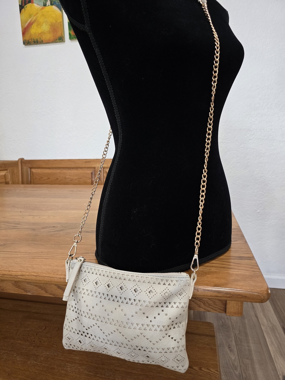 Urban Expressions Cream Laser-Cut Crossbody Purse with Gold Chain Strap